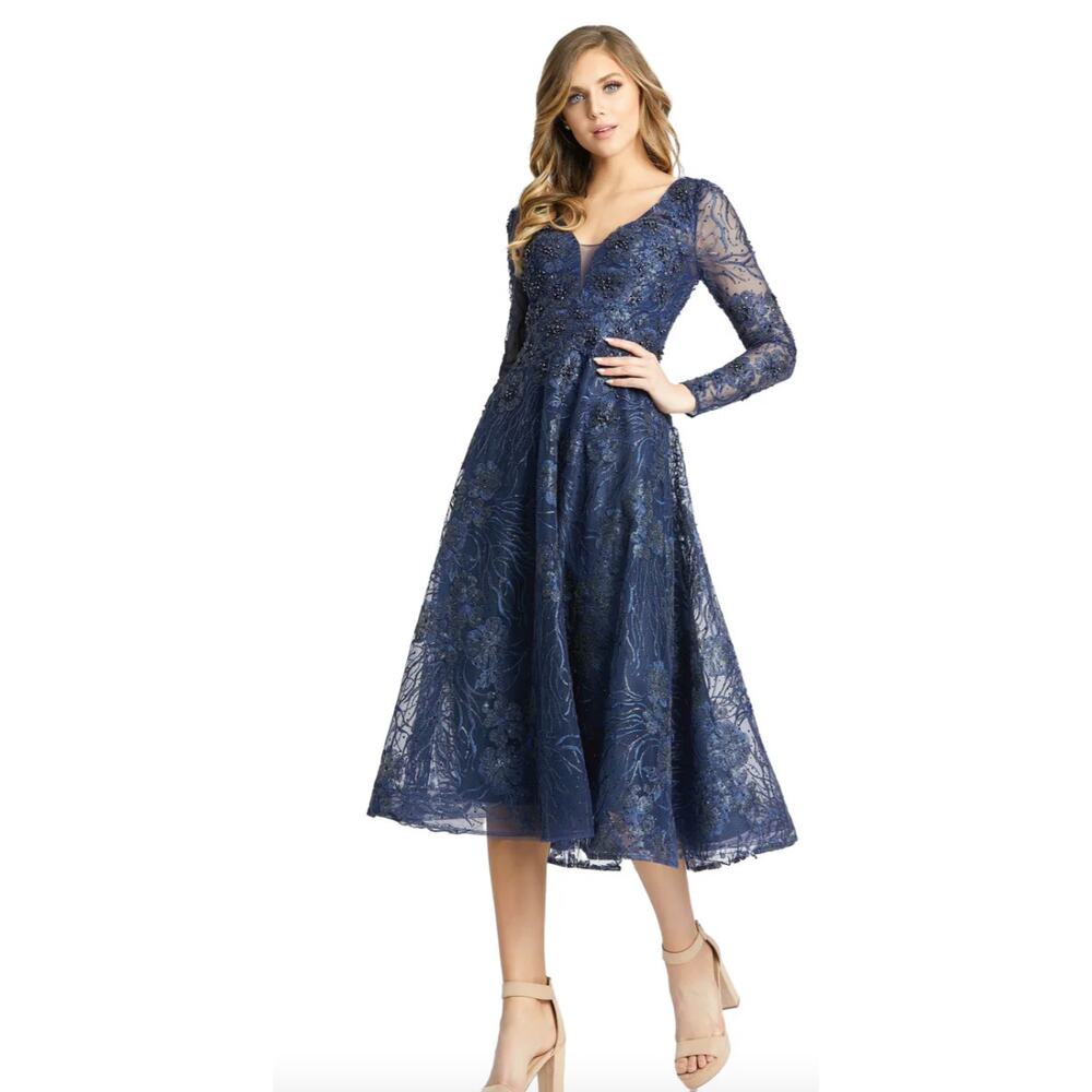 NWT Mac Duggal EMBELLISHED, Beaded ILLUSION LONG SLEEVE MIDI, 20286, sz‎ 8, Navy